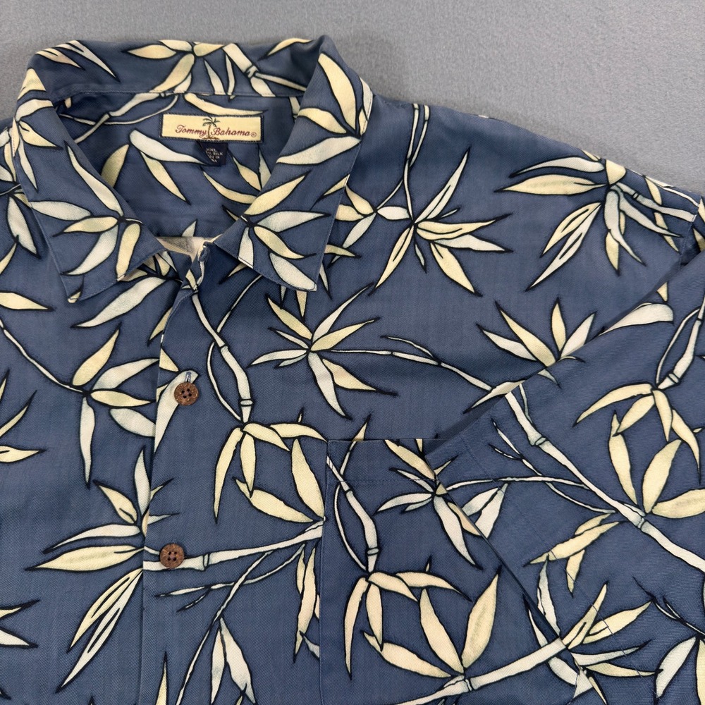 Tommy Bahama Mens‎ XXL Blue Silk Bamboo Leaf Print Short Sleeve Camp Shirt